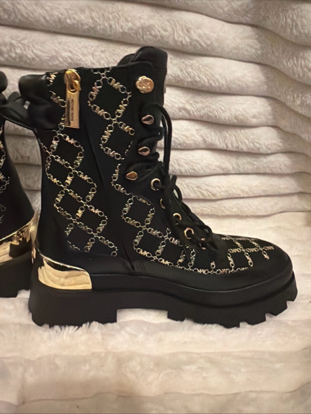 Michael Kors Black and Gold Logo Lace-Up Combat Boots - Picture 4 of 10